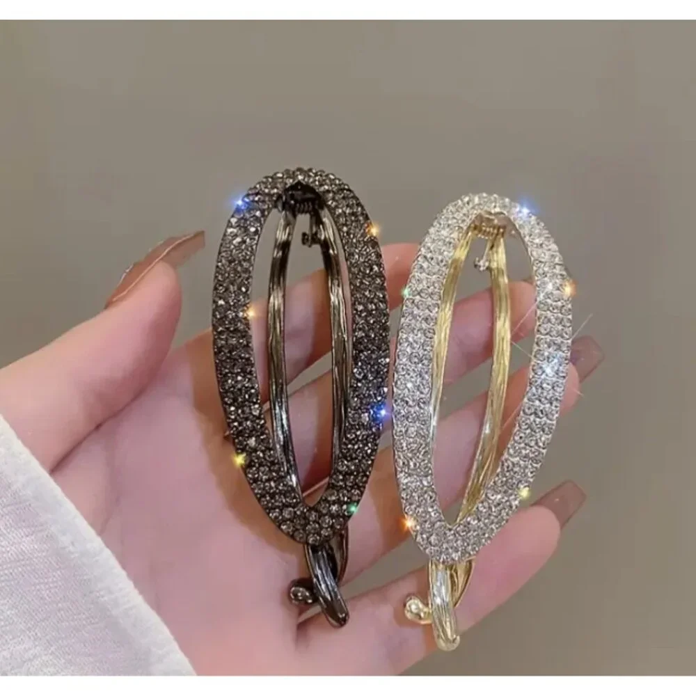 Set of 2 Black & Gold Oval Rhinestone Hair Claw Clips – Elegant & Secure Hold - Picture 2 of 7